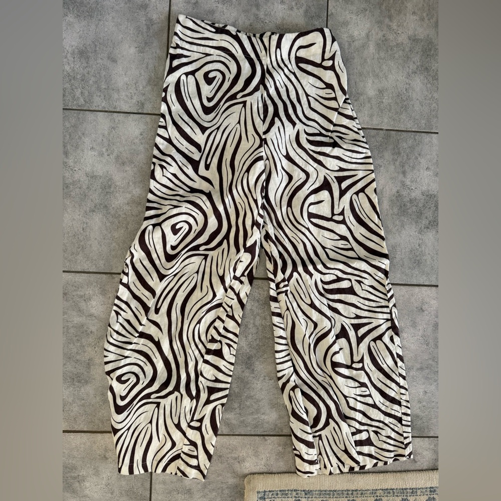 100% Linen Dark Chocolate Brown Zebra Striped Pattern Pants